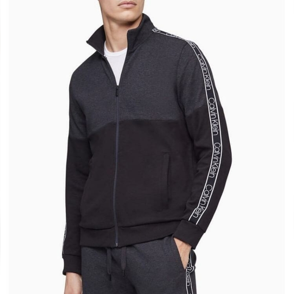 Calvin Klein Men's Black Gray Colorblock Logo Tape Track Jacket Size S